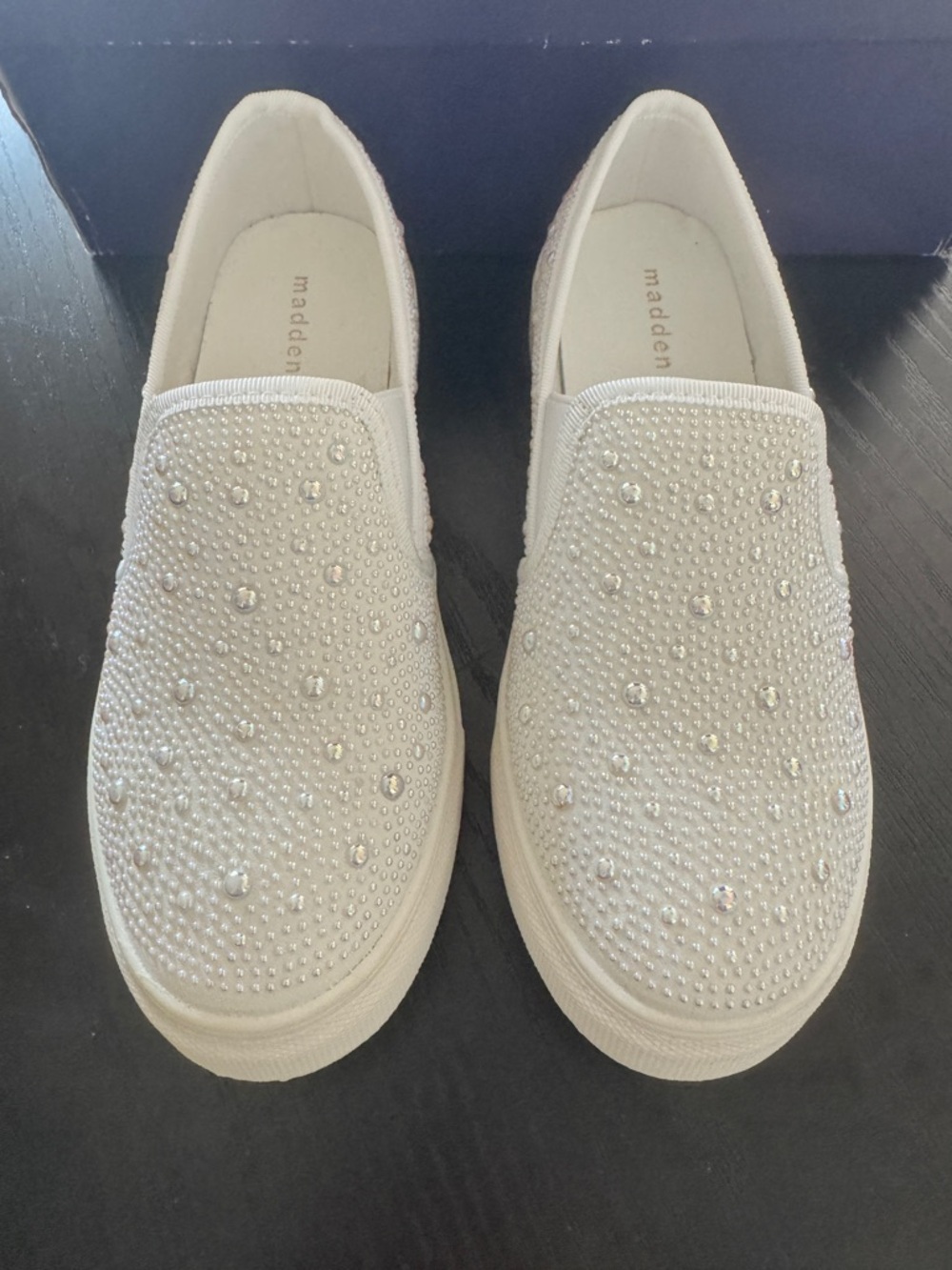 Madden Girl White Crystal-Embellished Slip-On Sneakers